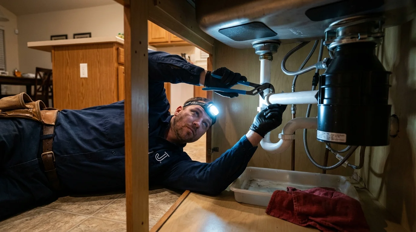 P-trap and supply line connections under a kitchen sink showing a common leak point in Sebree, KY